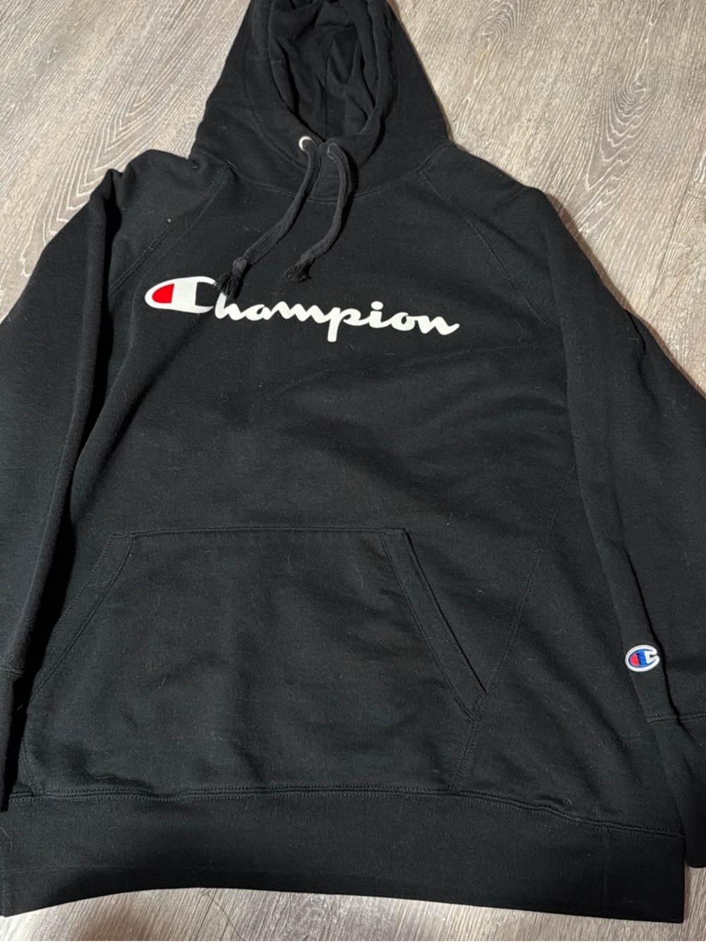 Champion Black Hoodie with Red, White & Blue Script Accent
